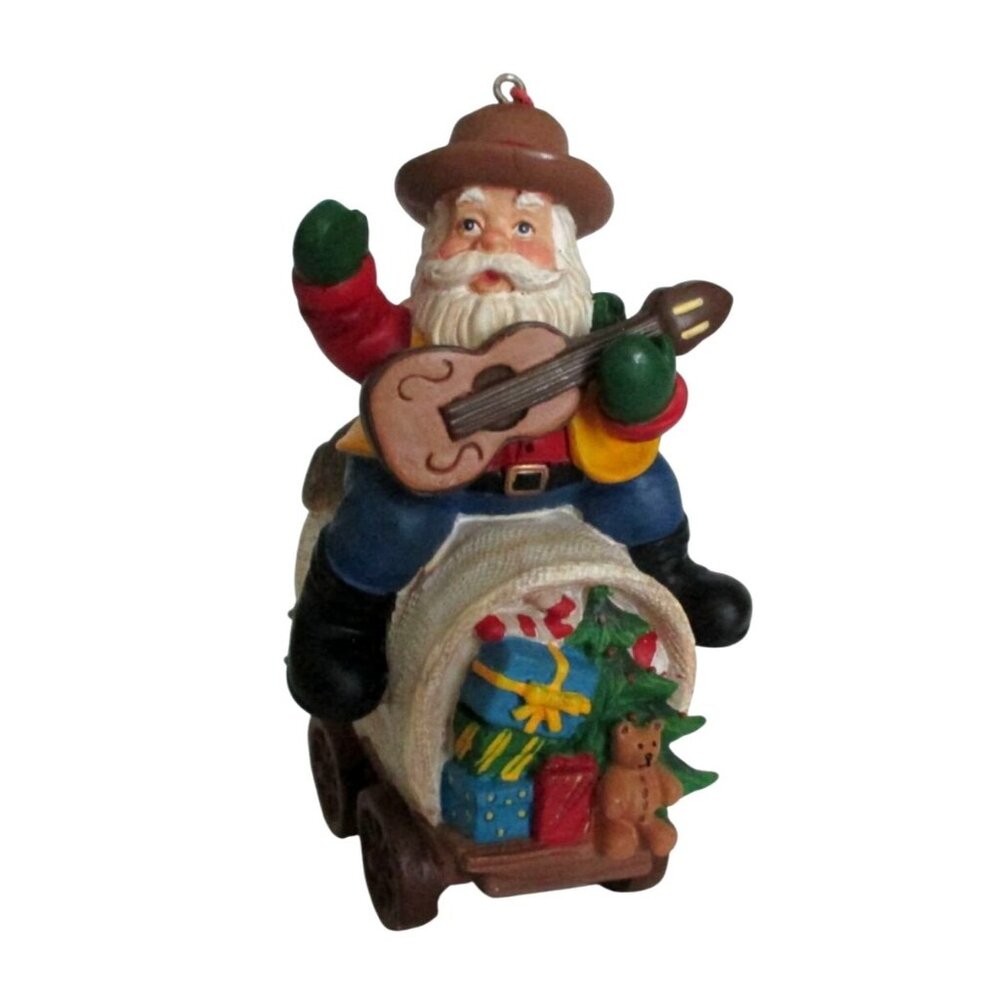 Cowboy Santa on Wagon Christmas Ornament With Guitar & Dog Western Decor